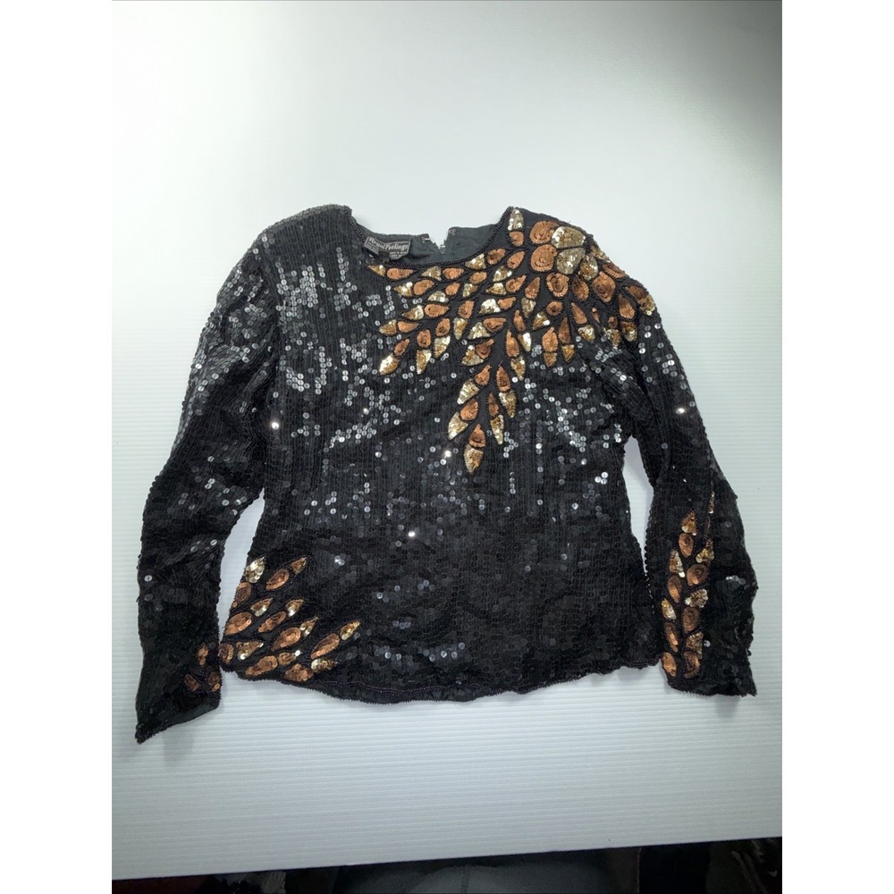 Vintage 80's Royal Feelings Black Silk Sequin Beaded Top Leaf Pattern Size M